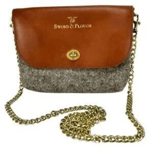 Sword & Plough Women Gray Crossbody Bag Purse Gold Chain Brown Leather
